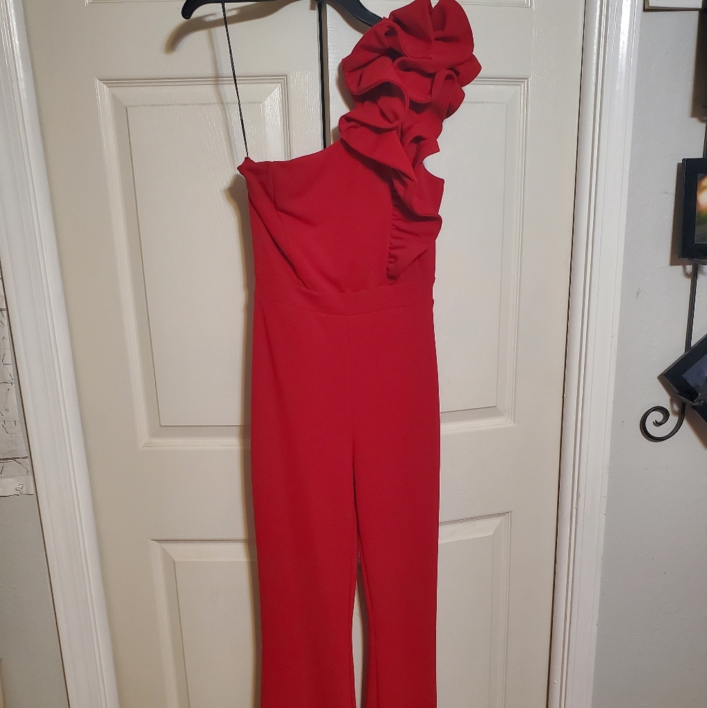 Red one sleeve ruffle jumpsuit